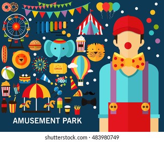 amusement park concept background. Flat icons.