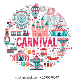 Amusement park concept, circus, carnival and fun fair theme set, with roller coasters, carousels, castle, air balloon. Vector illustration.