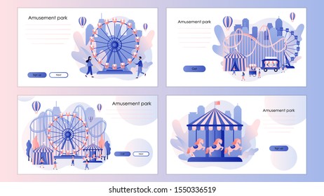 Amusement park concept. City fun fair and Carnival. Screen template for mobile smart phone, landing page, template, ui, web, mobile app, poster, banner, flyer. Modern flat cartoon style. Vector 