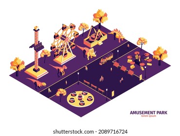 Amusement park concept with dinosaurs and attractions symbols isometric vector illustration