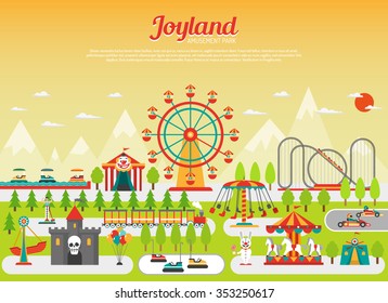 Amusement park concept with flat fairground elements with mountains on background vector illustration