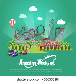 Amusement park concept with flat fairground elements on background. Vector illustration.