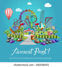 Amusement park concept with flat fairground elements on background. Vector illustration.