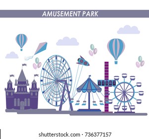 Amusement park concept with flat fairground elements with mountains on background vector illustration