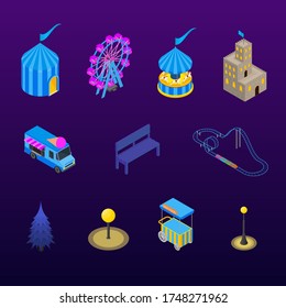 Amusement Park Concept Icon Set 3d Isometric View Include of Tent, Carousel, Attraction and Rollercoaster. Vector illustration