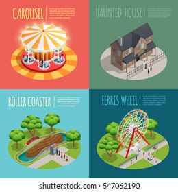 Amusement park concept icons set with haunted house and carousel symbols isometric isolated vector illustration 