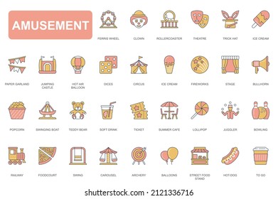 Amusement park concept simple line icons set. Pack outline pictograms of ferris wheel, clown, rollercoaster, theatre, balloon, firework, circus and other. Vector elements for mobile app and web design