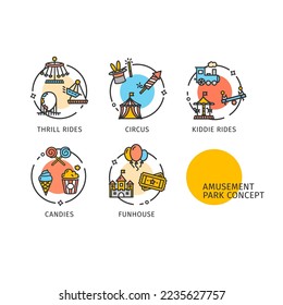 Amusement Park Concept Thin Line Icons Labels Set Include of Candies, Circus, Funhouse, Kiddie and Thrill Rides. Vector illustration of Label