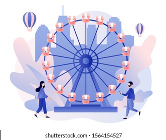 Amusement park concept. Tiny people with carousels, roller coaster, air balloon, circus, fun fair and carnival. Modern flat cartoon style. Vector illustration