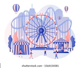 Amusement park concept. Tiny people with carousels, roller coaster, air balloon, circus, fun fair and carnival. Modern flat cartoon style. Vector illustration