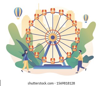 Amusement park concept. Tiny people with carousels, roller coaster, air balloon, circus, fun fair and carnival. Modern flat cartoon style. Vector illustration