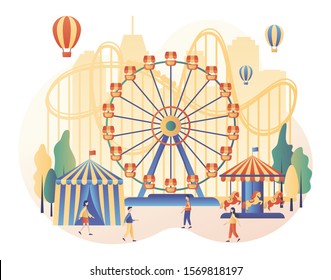 Amusement park concept. Tiny people with carousels, roller coaster, air balloon, circus, fun fair and carnival. Modern flat cartoon style. Vector illustration