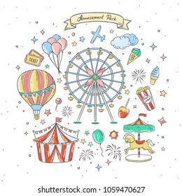 Amusement park cute elements and illustrations. Vintage fair vector drawings