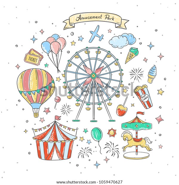 Amusement Park Cute Elements Illustrations Vintage Stock Vector Royalty Free