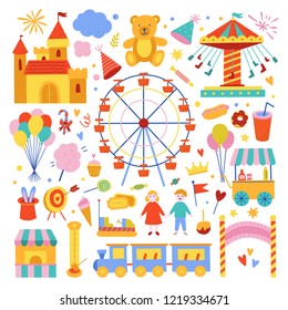 Amusement park cute illustrations collection. Attractions, sweet food, magical equipment icons and symbols. Weekend and holiday activities