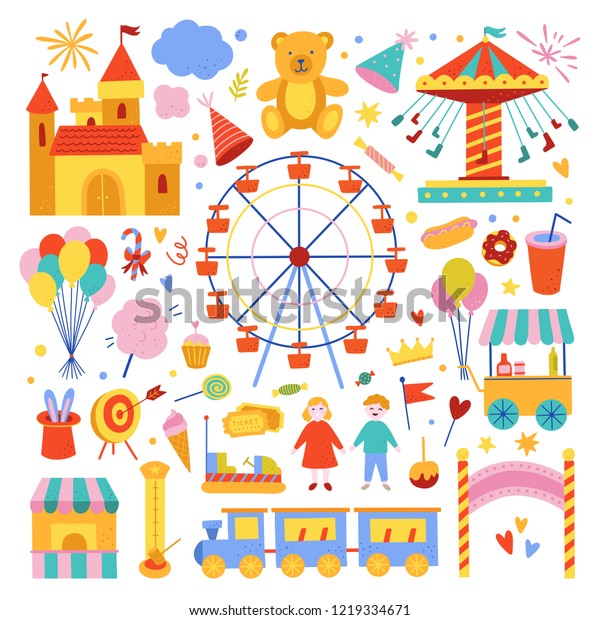 Amusement Park Cute Illustrations Collection Attractions Stock Vector Royalty Free