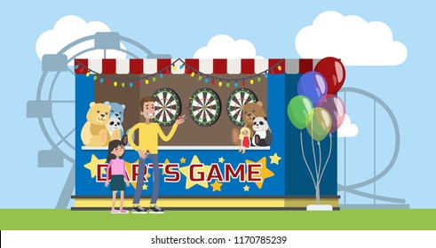 Amusement park with darts booth and carousels on the background. Children and their parents have fun in the park and play darts. Urban summer landscape. Flat vector illustration
