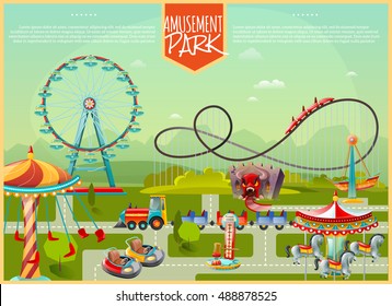 Amusement park design composition with ferris wheel swing carousel and kids cars in cartoon style flat vector illustration