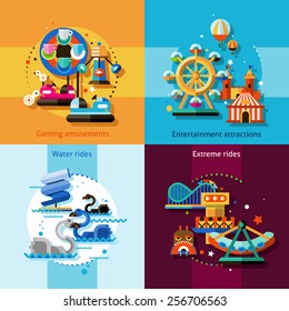 Amusement park design concept set with gaming entertainment attractions water and extreme rides flat icons isolated vector illustration