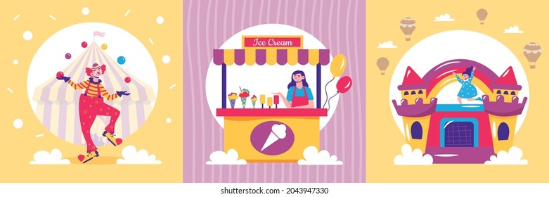 Amusement park design concept with three square compositions of dancing clown market stall and rubber castle vector illustration