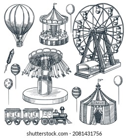 Kollektion von Designelementen für Freizeitparks. Vektorhandgezeichnete Skizzengrafik. Zirkuszelt, Karussell, Riesenrad isolierte Symbole. Design-Elemente für Karneval und Sehenswürdigkeiten