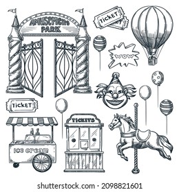 Amusement park design elements collection. Vector hand drawn sketch illustration. Entrance gates, ticket office, horse carousel element, ice cream cart and clown face isolated icons