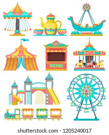 Amusement park design elements set, merry go round, carousel, circus tent, ferris wheel, train, ticket booth vector Illustration on a white background