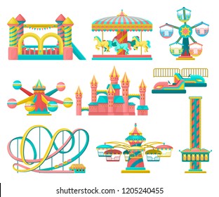 Amusement park design elements set, merry go round, inflatable trampoline, free fall tower, castle, carousel with horses, roller coaster vector Illustration on a white background