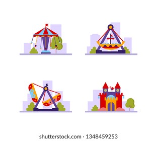 Amusement Park Different Attractions Set, Carousels, Castle Vector Illustration