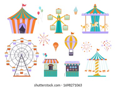 amusement park. different funny attractions for kids ride wheel circus tent carousel. vector playground elements