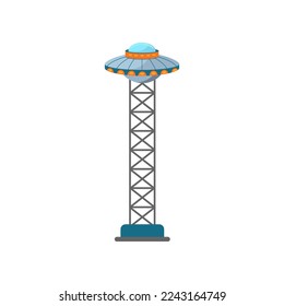 Amusement park drop tower flat vector illustration. Cartoon drawing of attraction for carnival or fair on white background. Entertainment, fantasy concept