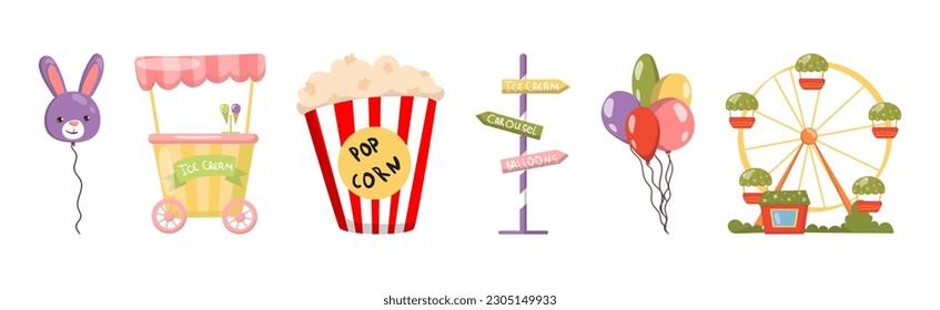 Amusement Park Elements with Balloon, Ice Cream Stall, Popcorn and Carousel Vector Set