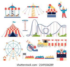 Vergnügungspark-Elemente. Karneval-Attraktionen, Kinderrollstuhl und Karussell. Reitwagen, Riesenrad und Schaukel. Elemente des Spielplatzes und Clownneuere Vektorsymbole