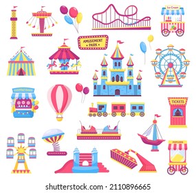 Amusement park elements, castle and attraction, shooting range. Vector amusement park, castle and carousel, rollercoaster entertainment illustration