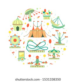 Amusement Park Elements of Circular Shape, Funfair with Carousels, Festive Park Attractions Vector Illustration