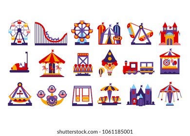 Amusement park elements, ferris wheel, circus, carousel, attractions set vector illustration