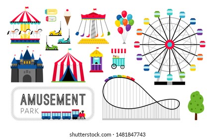 Amusement park elements. Ferris wheel and roller coaster, carnival rides and happy family amusing games, amuse parks fairground icons for tickets and posters, vector illustration