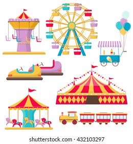 Amusement park elements. Ferris wheel, circus tent, carousels and etc. Vector illustration