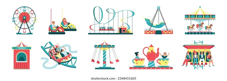 Elementos del parque de atracciones conjunto plano con la montaña de ruedas de transbordadores de carousels ilustración vectorial aislada