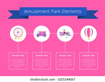 Amusement park elements, headline on ribbon and text sample, in boxes, images of ferris wheel, and cotton candy shop, balloon vector illustration