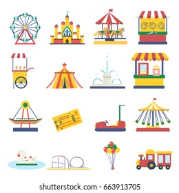 Amusement park elements isolated icons flat design concept vector illustration