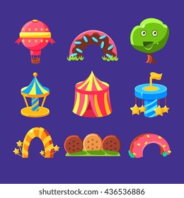 Amusement Park Elements Made Of Sweets Set Of Isolated Bright Color Childish Cartoon Style Illustrations On Blue Background