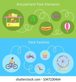Amusement park elements and passtime, set of images, bench and ferris wheel, kid on bicycle, hotdog and pop corn, isolated on vector illustration