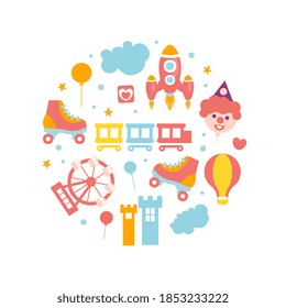 Amusement Park Elements of Round Shape Banner Template, Kids Entertainment Club Design Cartoon Vector Illustration