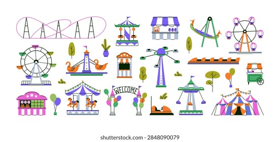 Amusement park elements set. Circus tent, attractions and carousels, booth of popcorn and shooting gallery in funfair. Roller coasters and ferris wheels at a fun fair. Carnival in amusement park