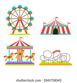 The Amusement Park Elements Set In The Flat Style. Circus, Carousel, Ferris Wheel, Roller Coaster
