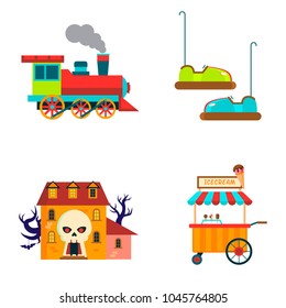 The amusement park elements set in the flat style. A locomotive, cars, a horror house, an ice cream truck