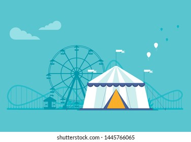 The amusement park elements set in the flat style. Circus, carousel, ferris wheel, roller coaster