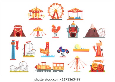 Amusement park elements set, funfair attraction colorful cartoon vector Illustrations