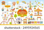 Amusement park elements set, theme park rides vector illustrations